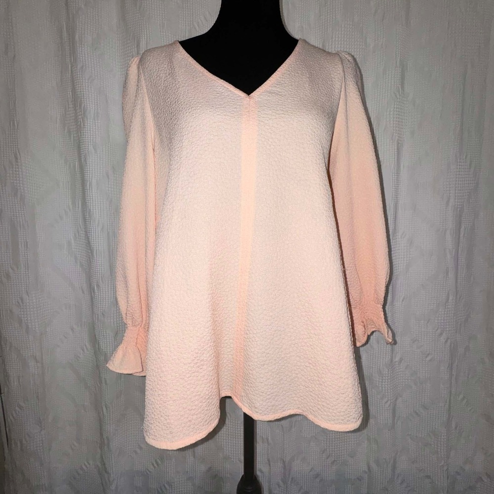 Tuckernuck Blouse Peach Pink Textured V-Neck Smocked Ruffle Cuff Top XS